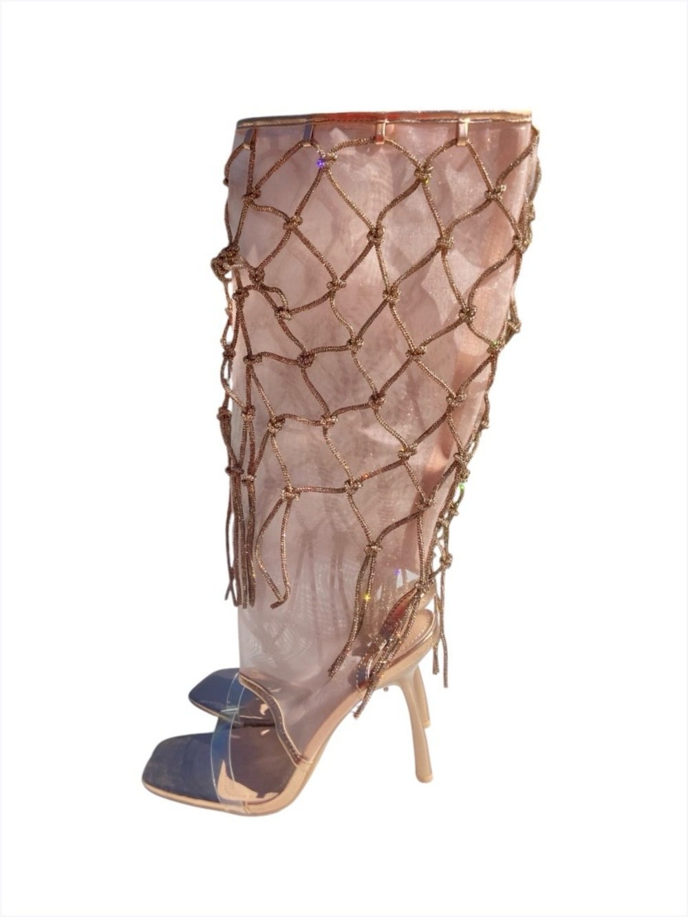 Women's Rose Gold Rhinestone Net Knee-High Heels, 10 - Picture 5 of 8